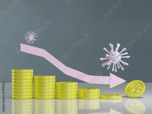 3D render money graphs representing thestock market crash caused by the Coronavirus.global exchanges money donw after covid-19