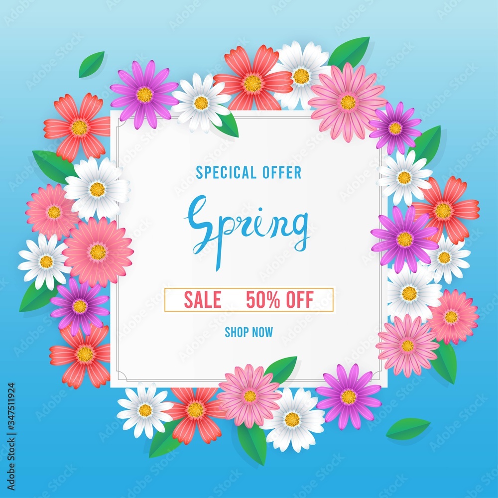 Hello spring text, Floral pattern, Card for spring season,  Promotions, Brochure,  Voucher  discount, Poster greeting,invitation, template, banner, poster.