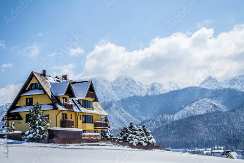 Tatra Mountains - Giewont, Czerwone Wierchy, regle - winter panoramic view with clouds, snow, Kościelisko, Poland