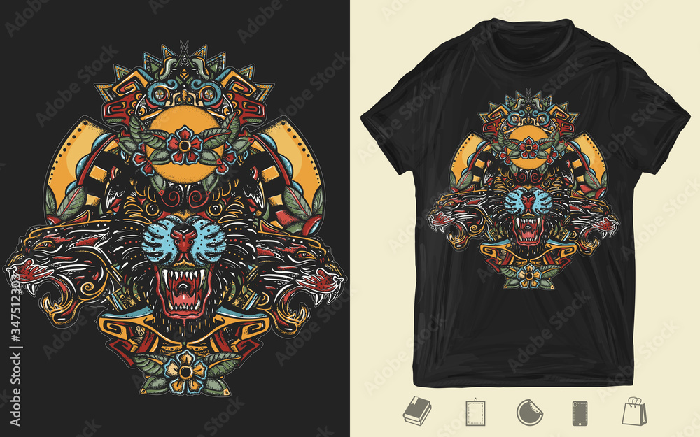 Three angry black panthers. Mayan art. Mesoamerican mexican art. Wild cats queens in jungle. Creative print for dark clothes. T-shirt design. Template for posters, textiles, apparels Three angry black panthers. Mayan art. Mesoamerican mexican art. Wild cats queens in jungle. Creative print for dark clothes. T-shirt design. Template for posters, textiles, apparels