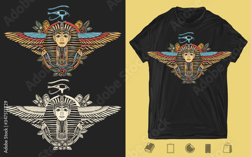 Ancient Egypt. Golden Pharaoh, Sun eye and wings Horus god. Egyptian great king. Tutankhamen. Creative print for dark clothes. T-shirt design. Template for posters, textiles, apparels