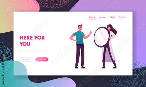 Happy Client Smile and Show Thumb Up Landing Page Template. Male Character Looking in Mirror Happily Smiling Sparkling with New Dental Veneers in Dentists Cabinet. Cartoon People Vector Illustration