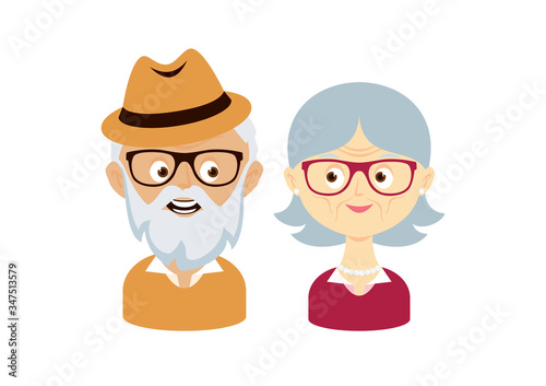 Happy and smiling elderly senior couple vector. Happy old man and woman vector. Senior couple in love cartoon character. Grandpa and Grandma icon set. Pensioners isolated on a white background