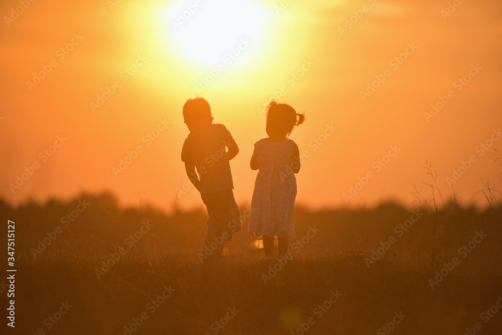 happy child boy and girl overall playing on sunny field, summer outdoor lifestyle, cozy mood