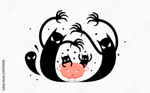 A brain is haunted by evil shadows. Isolated Vector Illustration.