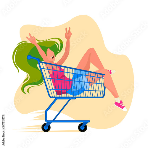 Cartoon Color Character Person Girl Rides Shopping Cart Concept. Vector