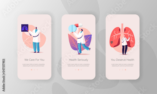 Respiratory Medicine, Pulmonology Healthcare Mobile App Page Onboard Screen Template. Tiny Doctor Characters Check Human Lungs, X-ray, Pulmonological Care Concept. Cartoon People Vector Illustration