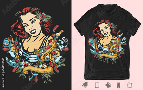 Sailor girl pin up style. Sea woman, steering whell, anchor and flowers. Old tattooing art. Creative print for dark clothes. T-shirt design. Template for posters, textiles, apparels