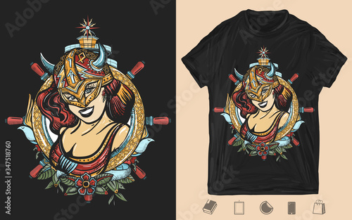 Viking woman, lighthouse and steering wheel. Warrior girl. Creative print for dark clothes. T-shirt design. Template for posters, textiles, apparels. Valhalla art. Northern history