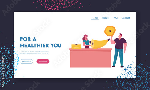 Characters Cooking and Eating Fruit Chips Landing Page Template. Tiny Woman Cut Huge Banana, Man Holding Slice Isolated on White Background. Healthy Vegetarian Food. Cartoon People Vector Illustration