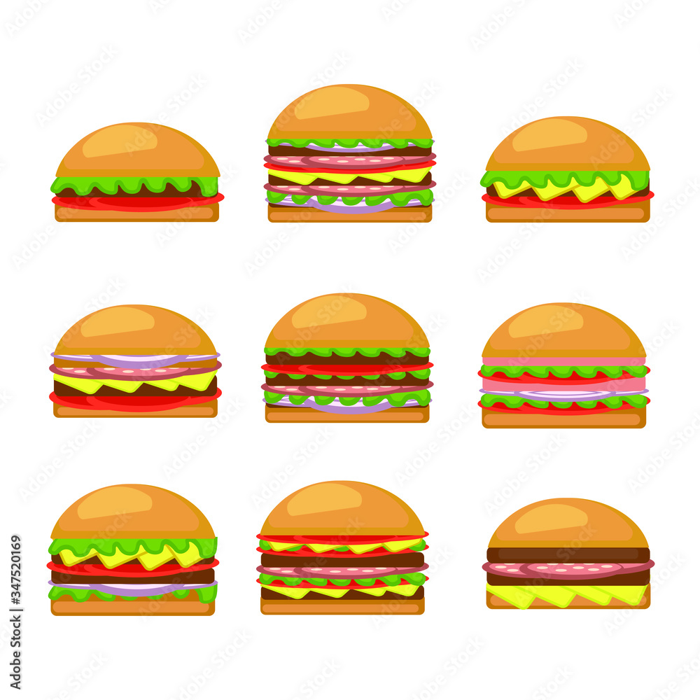 Set of different burgers isolated white background. Fast food hamburger, cheeseburger. Vector illustration.
