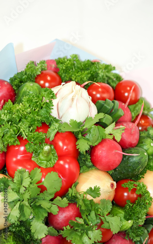 Food grown in a greenhouse garden. Seasonal vegetables.