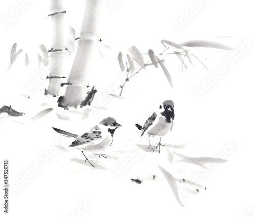 雀 竹 禅 水墨画 Stock イラスト Adobe Stock