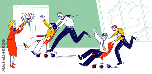 Happy Colleagues Characters Having Fun at Workplace Conducting Office Chair Races. Corporate Activity, Laziness, Employees Competition, Challenge and Fooling Fun. Linear Vector People Illustration