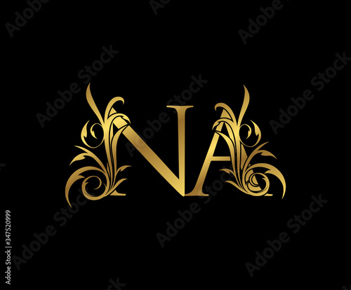 Luxury Gold N, A and NA Letter Classy Floral Logo Icon. Vintage drawn emblem for book design, weeding card, letter stamp, Restaurant, Boutique, Hotel.