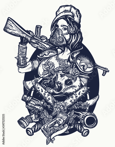 Bad girl. Post apocalyptic woman warrior. Soldier girl in gas mask. Skulls, roses, baseball bats with spikes. Game art. Survival people. Dark crime future, tattoo and t-shirt design