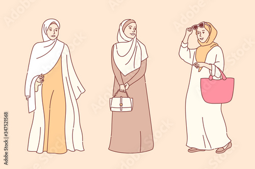 Hijab muslim woman. Modern girls in islamic style clothes. Arabic modest fashion. People characters. Flat hand drawn style vector illustration.