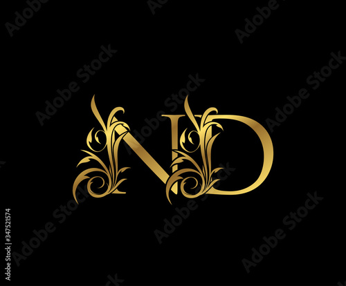 Luxury Gold N, D and ND Letter Classy Floral Logo Icon. Vintage drawn emblem for book design, weeding card, letter stamp, Restaurant, Boutique, Hotel.