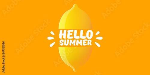 Vector Hello Summer Beach Party horizontal banner Design template with fresh lemon isolated on orange background. Hello summer concept label or poster with orange fruit and typographic text.