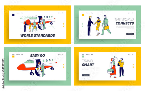 People Stand in Queue on Plane in Airport, Business Travel Landing Page Template Set. Travelers Characters Going to Aircraft, Businesspeople Meeting and Handshake. Linear People Vector Illustration