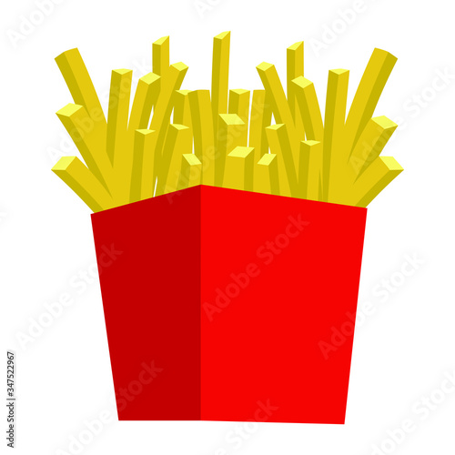 French fries potatoes in red paper box. Vector illustration.