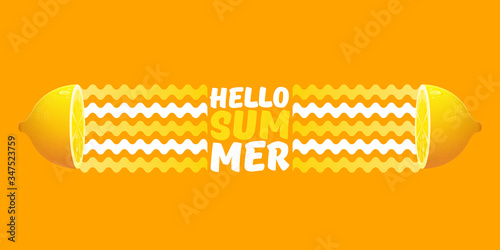 Vector Hello Summer Beach Party horizontal banner Design template with fresh lemon isolated on orange background. Hello summer concept label or poster with orange fruit and typographic text.