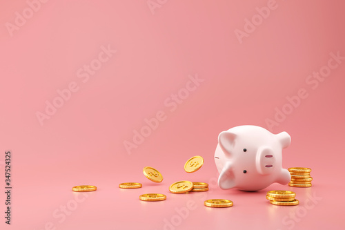 Obraz na płótnie Piggy bank and golden coins on pink background with lost money concept
