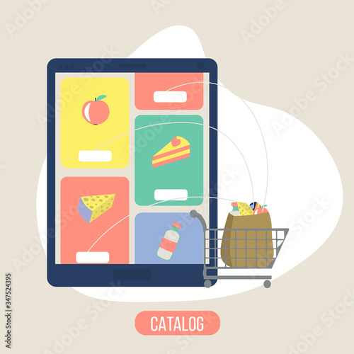Online grocery shopping concept. Tablet with open supermarket app , cart and poket with foodstuff. Delivery internet service for gadget. Illustration in flat style.