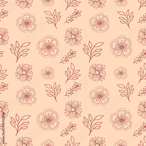 Neutral colors folk floral seamless pattern. Hand drawing vector illustration. Boho flowers and leaves doodles.