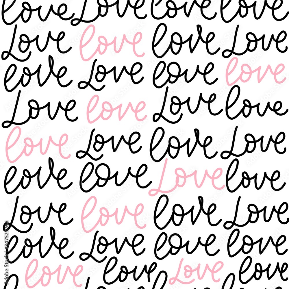 Love colourful lettering seamless pattern vector illustration. Black and pink inscription endless texture. Isolated on white backdrop. Romantic background Love colourful lettering seamless pattern vector illustration. Black and pink inscription endless texture. Isolated on white backdrop. Romantic background
