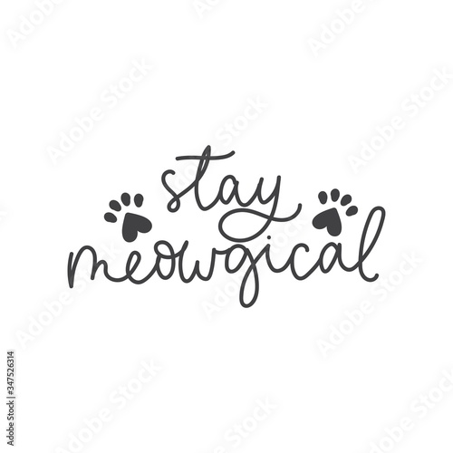 Stay meowgical cute lettering card with decor vector illustration. Handwritten ink text and cats paws flat style. Funny saying concept. Isolated on white background