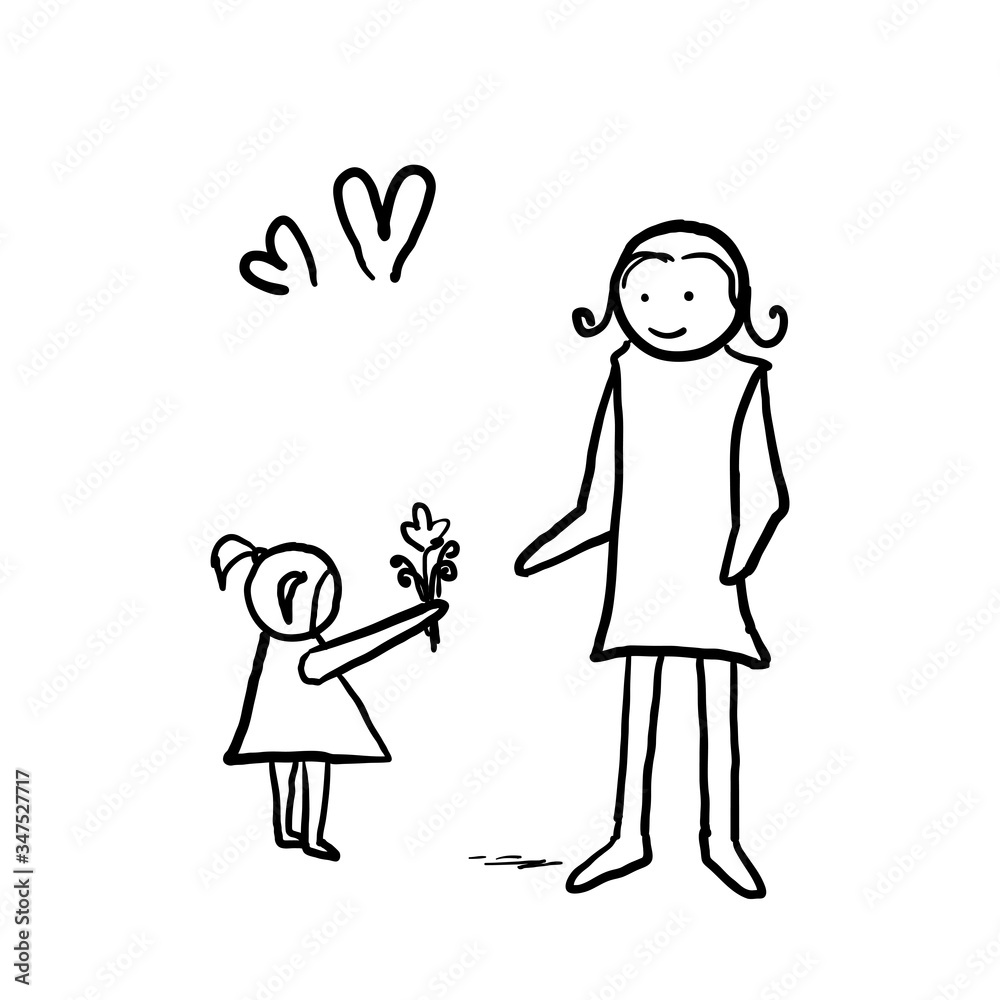 hand drawn the little girl gives flowers to her mother symbol for happy mother day. doodle hand drawn the little girl gives flowers to her mother symbol for happy mother day. doodle