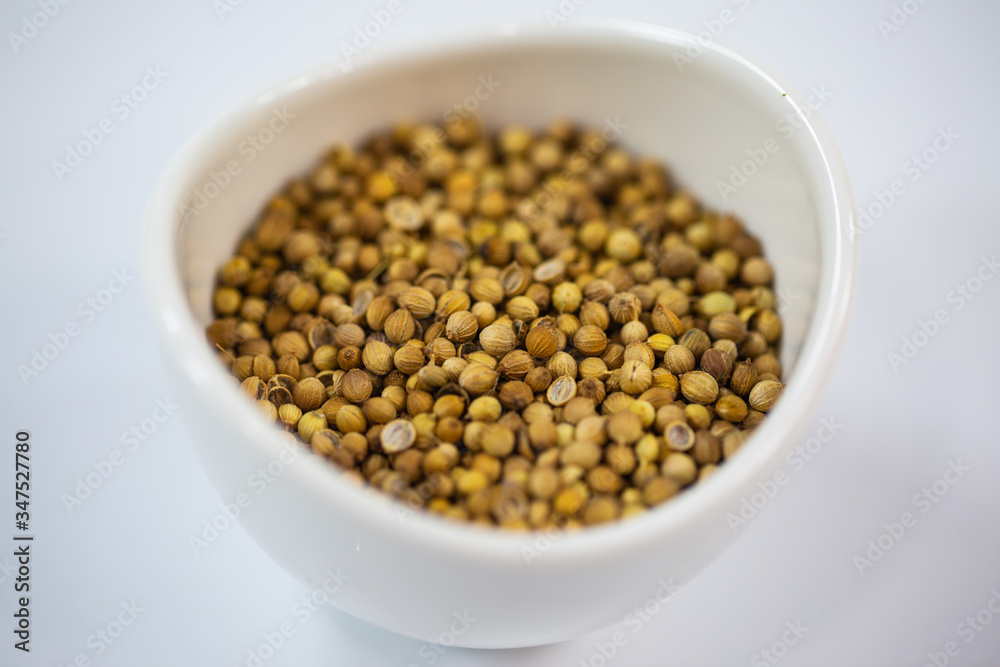 Coriander in a bowl, white background Coriander in a bowl, white background