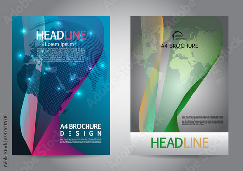 Vector template set of two brochure cover design. A4 flyer, corporate presentation with dotted world map in blue color