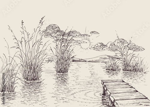 Lake and river peaceful landscape. Wooden pontoon on shore