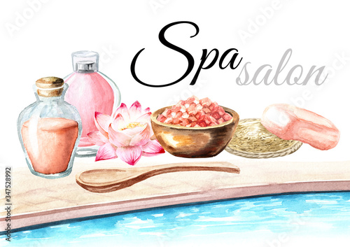 Spa salon concept. Bath accessories. Hand drawn watercolor illustration isolated on white background