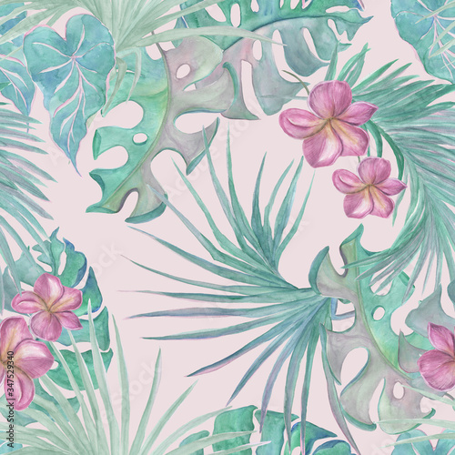Fototapeta Naklejka Na Ścianę i Meble -  Watercolor painting seamless pattern with tropical leaves and flowers. pastel coclors