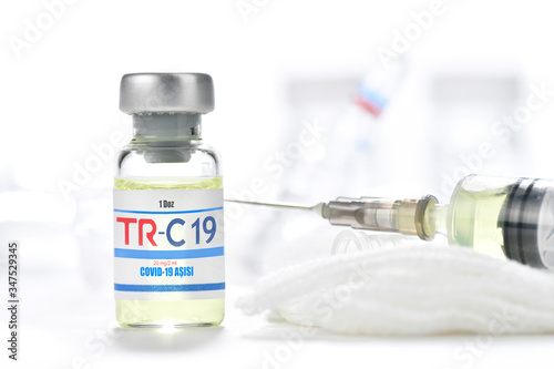 Turkish made Coronavirus vaccination called TR-C 19 with syringe ready to be tested on infected people. 