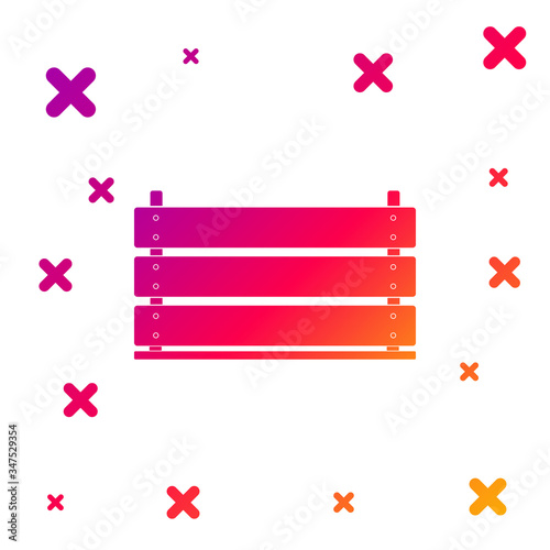 Color Wooden box icon isolated on white background. Grocery basket, storehouse crate. Empty wooden container for vegetables, products. Gradient random dynamic shapes. Vector Illustration
