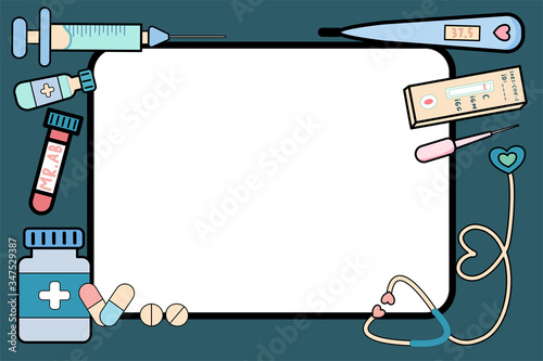 Vector horizontal layout frame with medical equipment, pills and tools, Pharmacy background template flat illustration with copy space for add text, advertising, leaflets and websites.