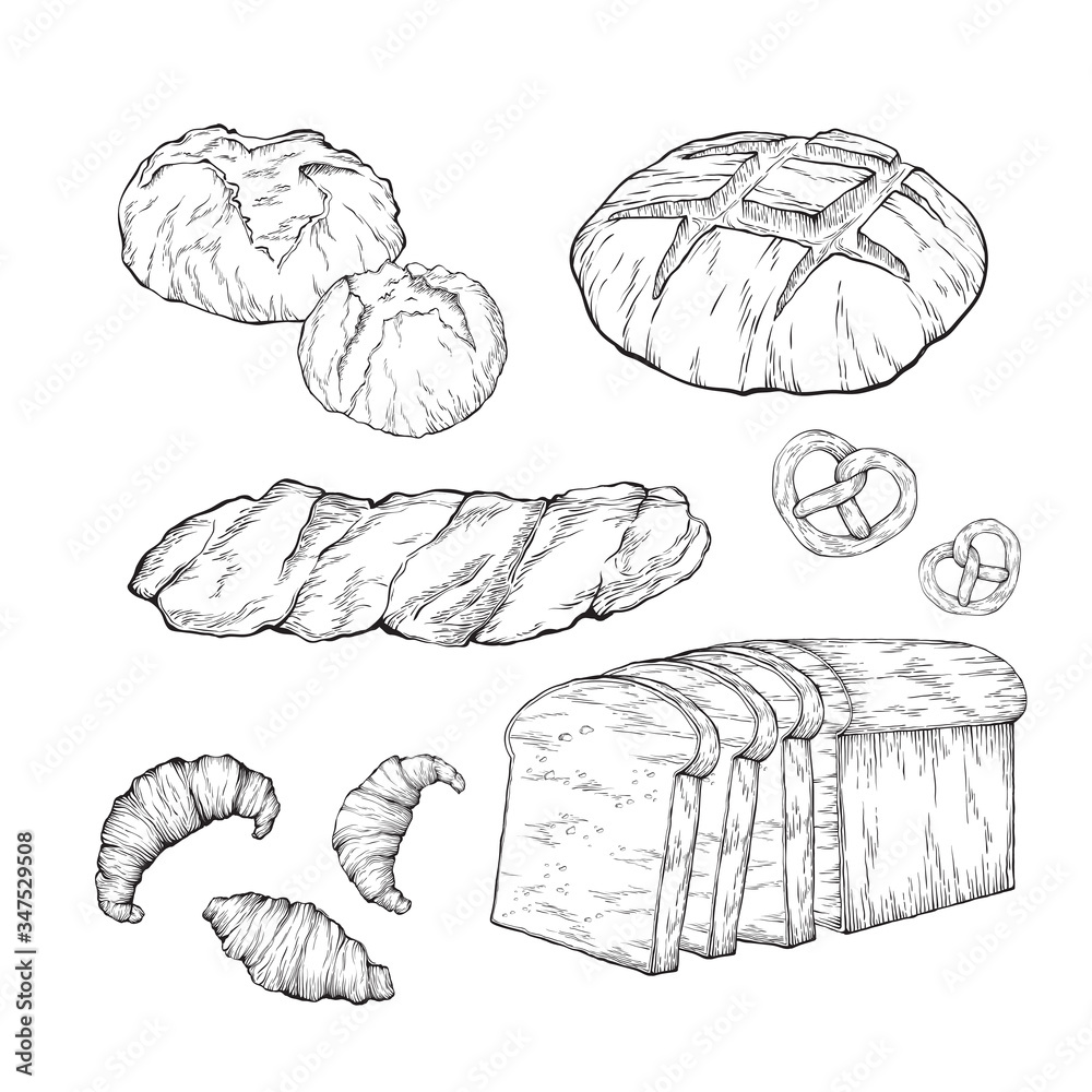 Fototapeta premium Bread set for bakery and pastry shop template.Fresh rye,whole grain and wheat bread,baguette,croissant,bun,cupcake,cookie,pretzel,roll,muffin,pita,ciabatta,bagel,toast bread.Hand drawn vector