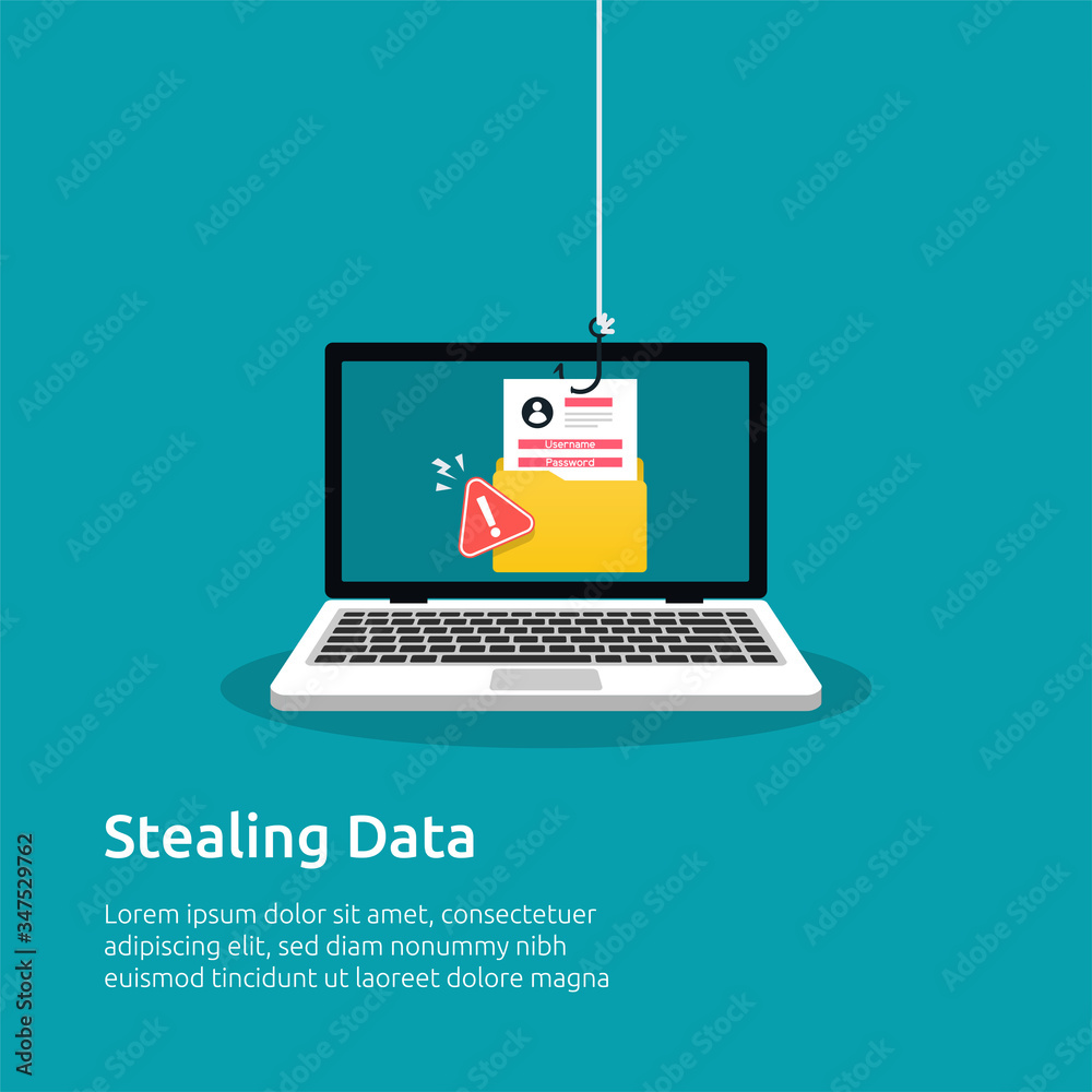Stealing data from laptop design concept. Phishing or hacking activity
