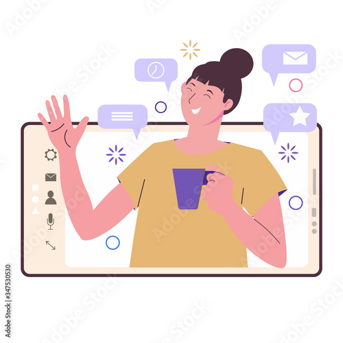 Communication with a girl on a smartphone. Video call online. Freelance, remote work. Online dating, date. Social networks. Invite a friend. Conceptual flat illustration isolated on white background.