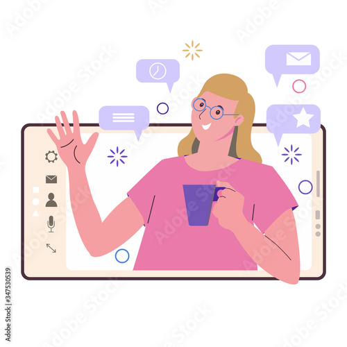 Communication with a girl on a smartphone. Video call online. Freelance, remote work. Online dating, date. Social networks. Invite a friend. Conceptual flat illustration isolated on white background.
