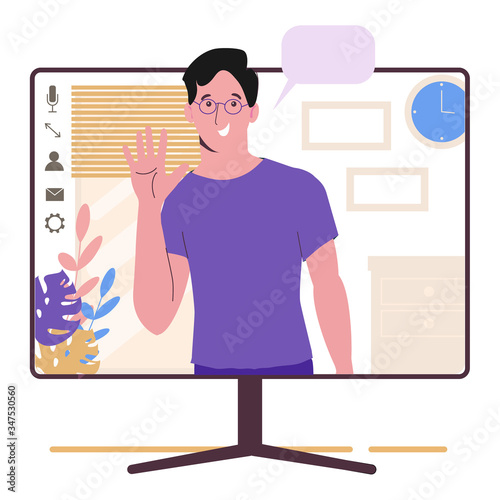 Chatting online. Man on the monitor screen. Work at home, freelance, remote work as a team. Service for communication. Flat illustration isolated on white background. Virtual conference. Friend