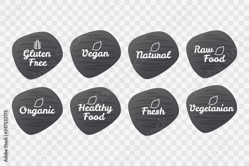 Gluten Free, Vegan, Natural, Raw, Healthy Food, Organic, Fresh, Vegetarian icons. Vector symbol set on transparent background for design, product, sticker, label, logo, shop, menu
