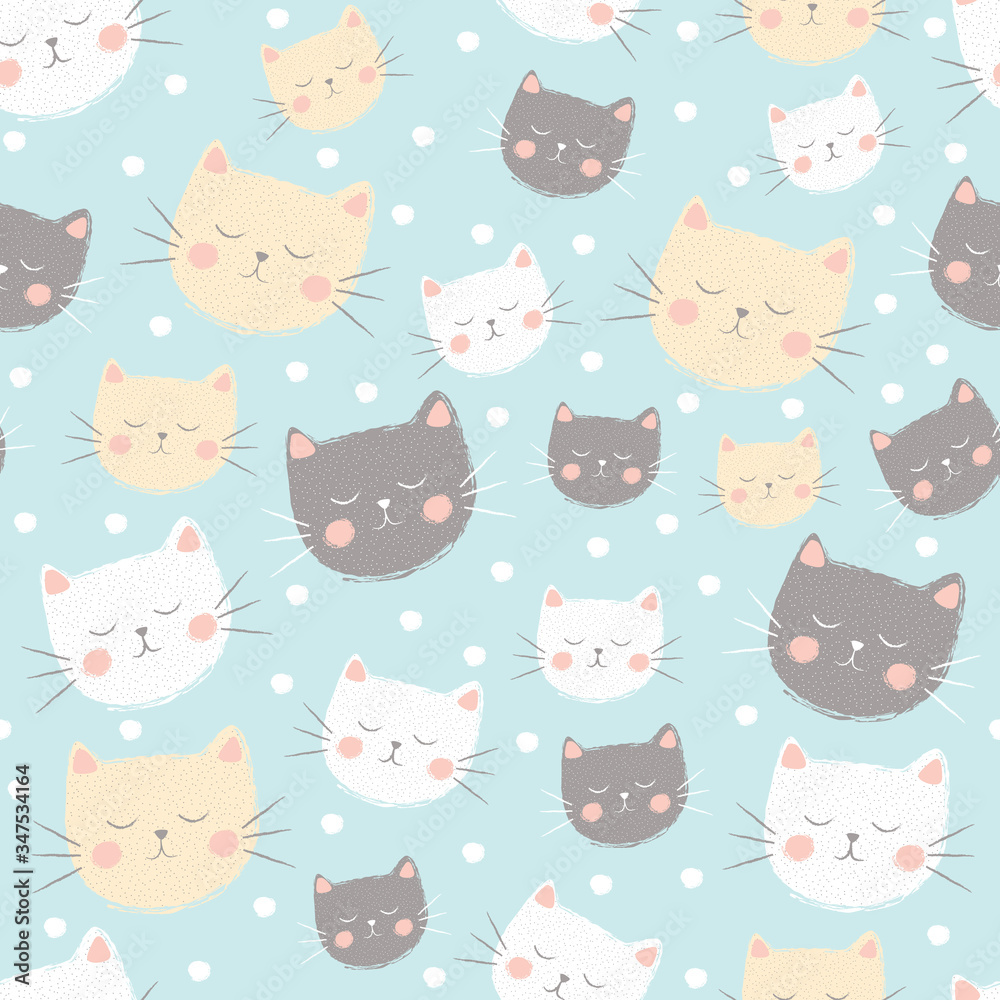 Cute cat faces print with spotty background. Vector repeat. Great for home decor, wrapping, scrapbooking, wallpaper, gift, kids, apparel. 