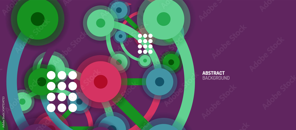 Flat style geometric abstract background, round dots or circle connections on color background. Technology network concept.