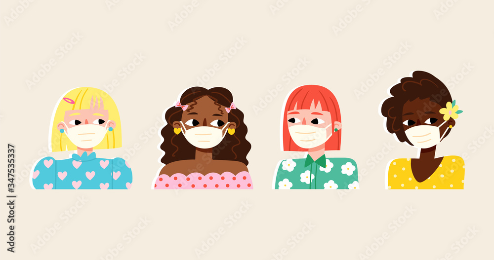 Set of stylish girls wearing face masks preventing the coronavirus pandemic. Fashionable protection from virus, flu outbreak or air pollution. Women avatars. Cute cartoon illustration in flat style.