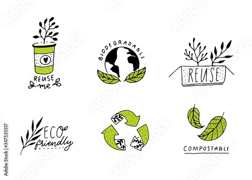 Biodegradable and compostable sign. Reduce, reuse and recycle concept badges for eco friendly packaging. Set of green ecological emblems, line illustration. Craft hand drawn style. photo